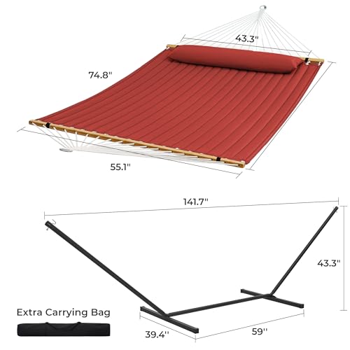 SUPERJARE Hammock with Stand, 2 Person Quilted Outdoor Hammock, Detachable Pillow & Bamboo Spreaders, Portable Hammock with Carrying Bag, Heavy Duty Stand, Perfect for Outside, Patio, Burgundy - color: Burgundy, size: 55.1"W × 74.8''D × 43.3''H