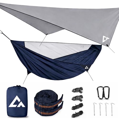 Camping Hammock with Mosquito Net and RainFly Tarp - 2 Person Hammock, Portable Parachute Nylon Hammock for Outdoor, Hiking, Backpacking, Backyard, Travel (Up to 500lbs) - Midnight Blue - color: Midnight Blue