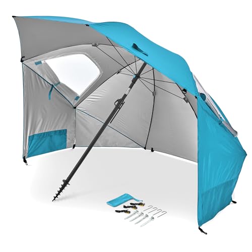 Sport-Brella Premiere UPF 50+ Umbrella Shelter with Patented Side Panels and Tilt Mechanism, Heavy-Duty 1.25 Inch Center Pole, Auger Anchor for Sand and Grass - color: Bright Aqua, style: REG