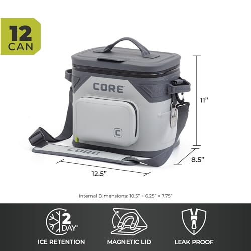 CORE Magnetic Leak Proof Soft Cooler with Waterproof Zipper | Insulated Bag Portable Ice Chest Box | Best Soft Cooler for Food & Beverages for Tailgating, Car Camping, Travel, and Family Beach Picnics - color: Shadow Gray, size: 12 Can