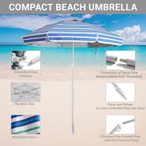 LOTTAFUN 6.5ft Beach Umbrella - Heavy Duty Wind Resistant UV 50+ Portable Sun Shade with Sand Anchor & Carry Bag, Outdoor Folding Umbrella for Beach, Pool, Patio, Garden (Blue diagonal strip) No Tilt - color: Blue diagonal strip