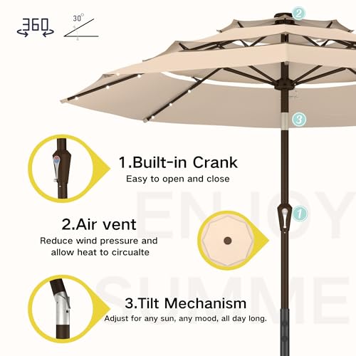 Kingdura 9ft 3-Tier Patio Umbrella with Solar Lights, Table Umbrella Outdoor Patio with Easy Crank & Tilt, 8 Sturdy Ribs, UV Protection, 32 LED Lights for Deck, Poolside, Market (Beige) - color: Beige-LED, size: 9 FT