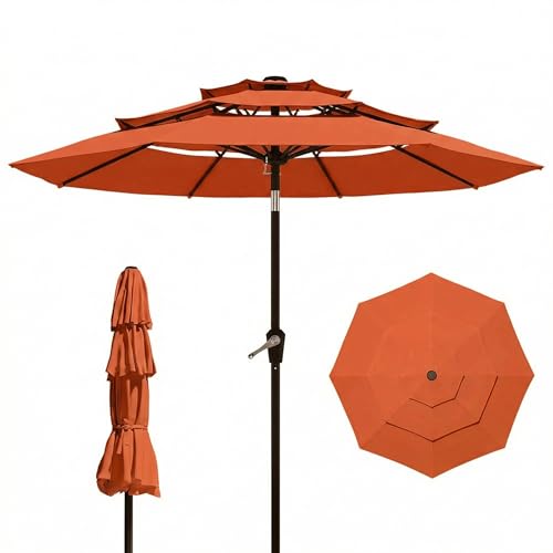 10FT Patio Umbrella 3 Tiers Outdoor Market Umbrella w/Push Button Tilt, Crank, UV and Waterproof Table Umbrella for Garden, Pool, Backyard, Deck, Lawn, Terracotta - color: Terracotta