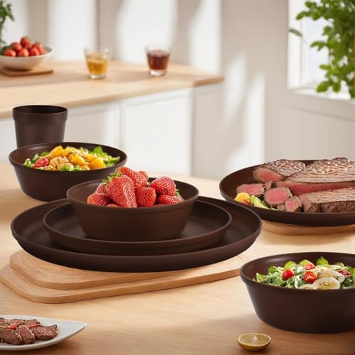 40 Piece Plastic Dinnerware Set for 8 with Cutlery, Unbreakable Plates and Bowls Set, Dishwasher & Microwave Safe Reusable Dish Set for Camping, RV, Outdoor Kitchen, Apartment Dining, Brown - color: Brown