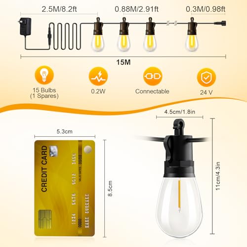 Outdoor String Lights Patio LED Light Outside - 15M 15+1 S14 LED IP65 Waterproof 50ft Porch Lighting Garden Lights - size: 50ft-standard