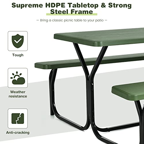 Moccha Picnic Table Bench Set - Portable Plastic Picnic Table w/Steel Frame & Wood-Like Texture, All Weather Heavy Duty Picnic Table Kit, Picnic Tables for Outdoors Garden Patio Party Dining (Green) - color: Green