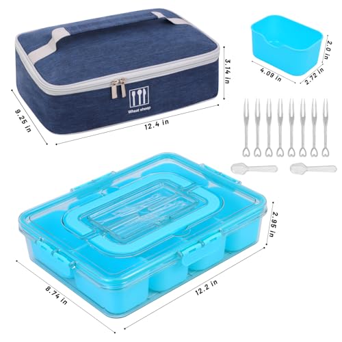 Snack Box Container with Insulated Cooler Bag, Divided Serving Tray with Lid and Handle Beach Essentials, Snackle Box Veggie Fruit Tray with 8 Compartments & 8 Forks & 2 Spoon Blue - size: Blue