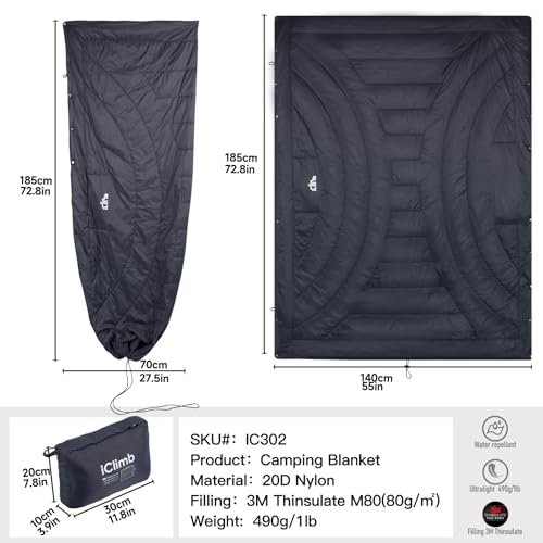 iClimb 3M Thinsulate Insulation Warm Camping Blanket Ultralight Compact - color: Green, size: 72.8” × 55”, 1 lb