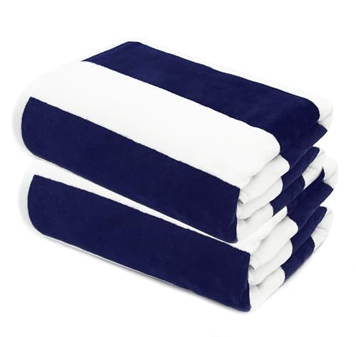 COTTON CRAFT Oversized Beach Towels - Set of 2 - XXL 35x84 The Big Kahuna 7 Foot Extra Large Beach Blanket Towel - Big & Tall - Huge 100% Cotton Velour Soft Luxury Pool Bath Towel - Cabana Stripe Navy - color: Cabana Stripe - Navy, size: 2 Pack - 35x84