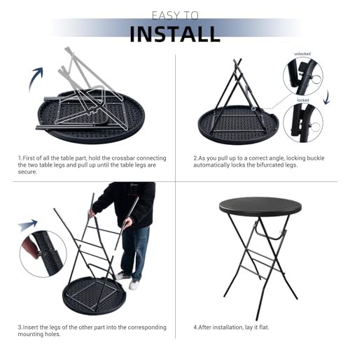 Byliable 32in Cocktail Table Black High Top Folding, Portable Bar Height Folding Table Round with Removable Carbon Black Legs, Indoor Outdoor Banquet for Parties, Commercial, Speech - color: Black, size: 32×43 in