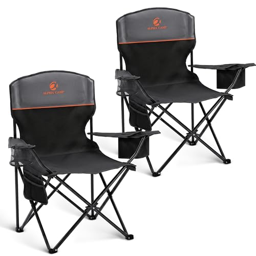 ALPHA CAMP Camping Chairs 350LBS Capacity, Heavy Duty Folding Chair with 4-Can Cooler Bag, Portable Outdoor Chair with Cup Holder for Adults, Collapsible for Tailgating, Beach, Fishing - color: Black&grey, style: camping chairs