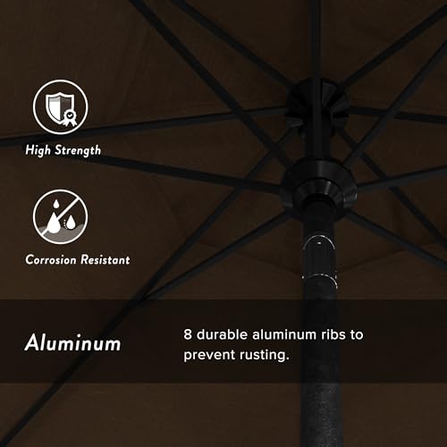 California Umbrella 9' Round Aluminum Market Umbrella, Crank Lift, Push Button Tilt, Black Pole, Teak Olefin - color: Teak