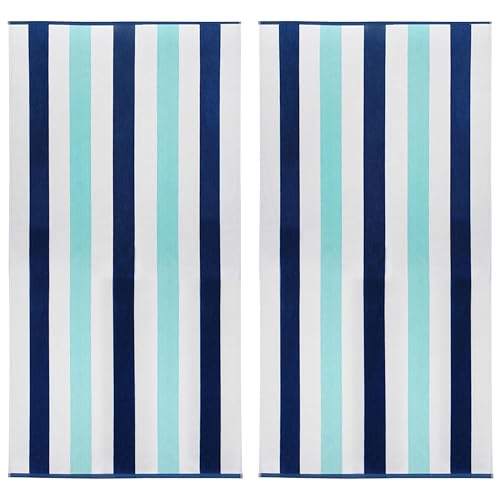 COTTON CRAFT Oversized XL Beach Towel - 2 Pack 39 x 68 inches Big & Huge Beach Blanket Towel - 100% Cotton Velour Thick Plush 450 GSM Super Soft Luxury - Pool Picnic Bath Towel - Cabana Stripe Blue - color: Ocean Blue, size: 2 Pack - 39x68
