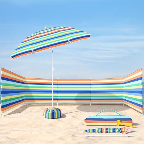 Sliner 20ft Beach Windscreen with 6ft Beach Umbrella UV 50+, Sandbeach Tanning Privacy Screen Kit, Sandbeach Wind Blocker & Umbrella with Sandbag & Anchor, for Patio, Backyard, Outdoor
