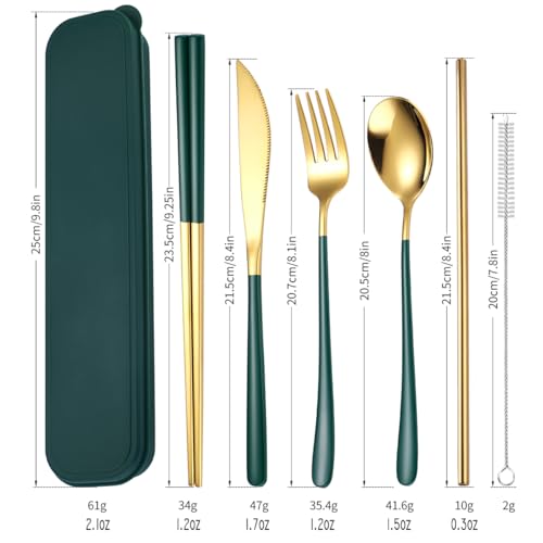 AARAINBOW 6 Pieces 18/8 Stainless Steel Flatware Set Portable Reusable Cutlery Set Travel Utensils Set Including Chopsticks Knife Fork Spoon Straws Cleaning Brush Dishwasher Safe (Green golden) - color: Green golden