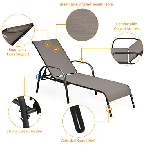 Tangkula Lounge Chair Outdoor, Patio Chaise Lounge with Adjustable Backrest, Reclining Pool Lounge Chair for Outside with Heavy Duty Steel Frame, Suitable for Beach, Yard, Balcony, Poolside - color: Brown