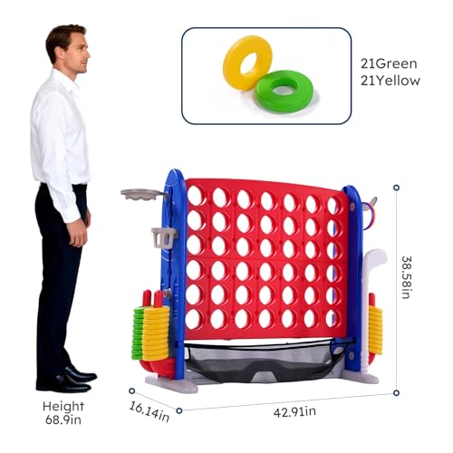 4-in-1 Giant 4-in-a-Row Connect Game Set with Basketball Hoop & Ring Toss – Height Adjustable Jumbo Outdoor Yard Game, Quick Release, for Kids & Adults – Red Mainboard with Blue Side Panels