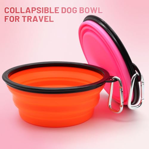 Dog Bowl Pet Collapsible Bowls, 2 Pack Collapsible Dog Water Bowls for Cats Dogs, Portable Pet Feeding Watering Dish for Walking Parking Traveling with 2 Carabiners (Large, Orange+Pink) - color: Orange+Pink, size: Large