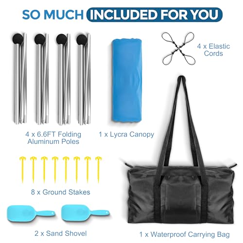 Beach Canopy Beach Tent Pop Up Shade 10x10ft Sun Shelter UPF50+ with 8 Sandbags-2 Sand Shovel-4 Aluminum Poles-Ground Pegs-Portable Carrying Bag for Outdoor Family Camping Fishing Yard Picnic - color: Royal Blue