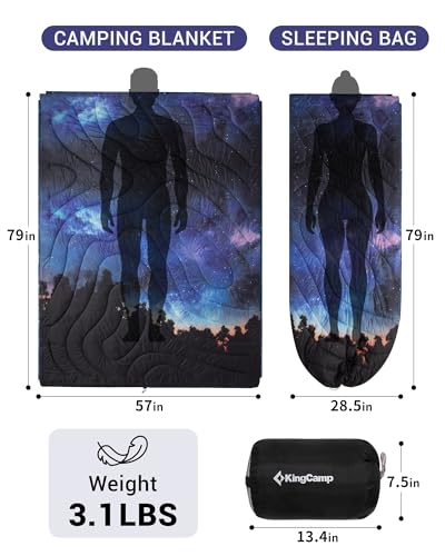 KingCamp Ultralight Camping Blanket, Packable Down Alternative Puffy Printed Wearable Blanket with Snap Buttons & Corner Loops Weatherproof Quilt for Outdoor Travel Stadium (79" x 57", Forest) - color: Sherpa-starrysky, size: 79" x 57"- Sherpa Fleece