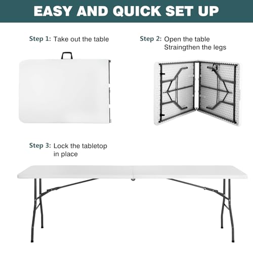 FDW 8 Foot Outdoor Dining Table, Foldable Portable Rectangular Plastic Folding Table with Built in Carrying Handle for Party and Wedding Use, White - color: White, size: 8 FT