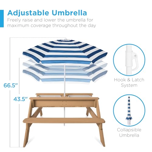 Best Choice Products Kids Picnic Table with Umbrella, 3-in-1 Sand & Water Table, Outdoor Convertible Picnic Table for Toddlers, Seats 4, Removable Top, 2 Buckets - Navy - color: Navy