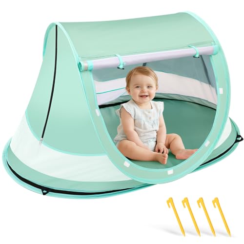 Baby Beach Tent, Pop Up Beach Tent Sun Shade for Beach, UPF 50+ UV Protection Sun Shelters for Infants with Carry Bag for Outdoor Travel, Camping(Green) - color: Green