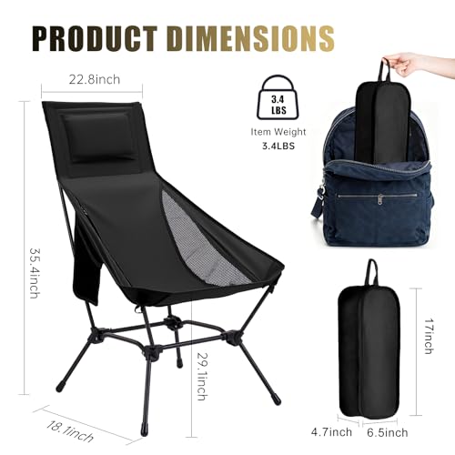 High Back Folding Camping Chair with Pillow, Lightweight Portable Chair for Adults, 2-in-1 Height Adjustment, Deep Recline, Side Pockets for Camping Motorcycle RV Backpacking - color: Black - High Back