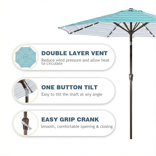 9FT Patio Umbrella with Solar Lights,Outdoor Market Umbrella with Tilt and Crank, LED Lighted Table Umbrella for Garden,Deck,Backyard,Pool,Beach (Blue Green Stripes) - color: Blue Green Stripes