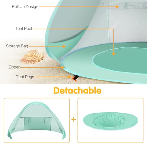 Baby Beach Tent with Pool, Pop Up Sun Shelter UPF 50+ UV Protection for Infant Toddlers, Portable Shade Tent with Carry Bag for Beach Outdoor Travel - color: Mint Green