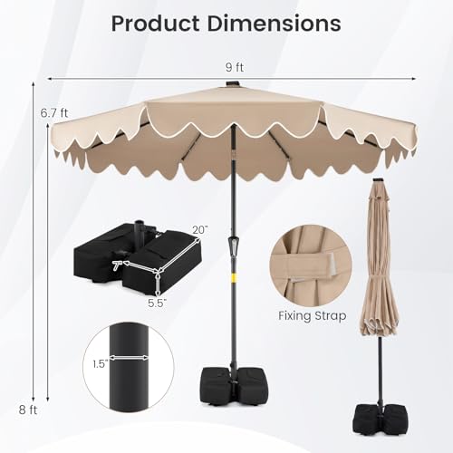 Tangkula 9 FT Solar Patio Umbrella with Base Included, 2-Tiers Outdoor Scalloped Table Umbrella with 32 LED Lights, 2 Sandbags, Tilt Adjustment, Crank, 8 Ribs for Market Backyard Pool Deck Beach Lawn - color: Coffee, size: 9 FT
