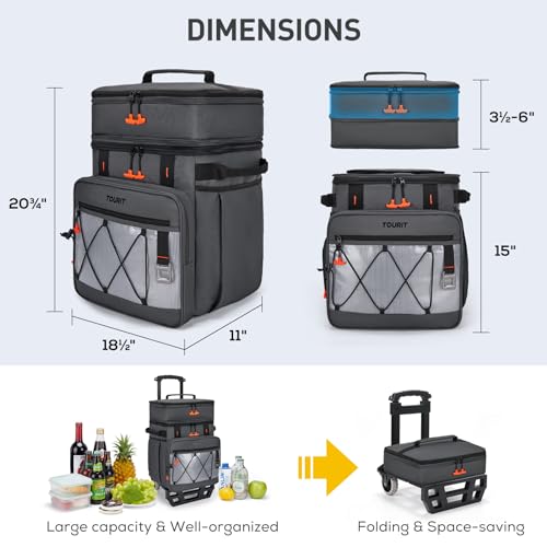 TOURIT Collapsible Cooler with Wheels, Insulated Rolling Cooler with All-Terrain Cart, Waterproof Soft Sided Cooler Bag for Beach, Picnic, Camping, Shopping, Travel - color: Dark Gray, size: 75Can 44L