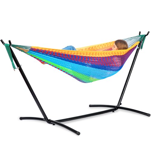 PNAEUT Double Hammocks with Stand for Outside, Portable Space Saving Heavy-Duty Steel Stand for Indoor Outdoor Patio (Mayan Rainbow) - color: Mayan Rainbow