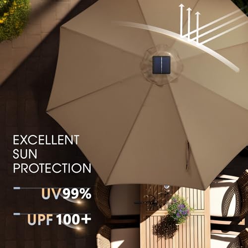 wikiwiki 11ft Solar Led Patio Umbrella, Sturdy Outdoor Market Umbrella for Deck, Pool, Garden w/Tilt, Crank, 32 LED Lights, Tan - color: Tan, size: 11FT