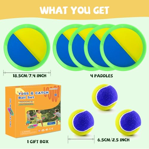 Outdoor Games - Beach Toys, Toss and Ball Set with 4 Paddles and 3 Balls, Perfect Yard Games Sets, Playground Sets for Backyards Easter Basket Stuffers for Kids/Adults/Family - color: Yellow