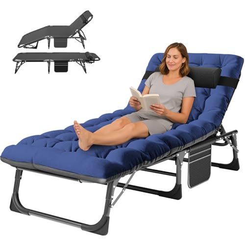 ABORON Tanning Chair, Folding Chaise Lounge with Thick Cushion, 5-Position Adjustable, Heavy Duty Portable Beach Chair for Sunbathing, Patio & Poolside - color: Ocean Blue