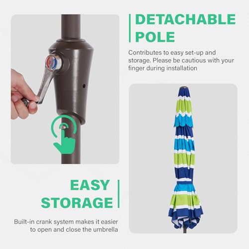 JEAREY 9' 2-Tiers Patio Umbrellas Outdoor Table Market Umbrella w/Push Button Tilt/Crank, 8 Sturdy Ribs, UV Protection Waterproof Sunproof(Blue Green Striped) - color: Blue Green Striped