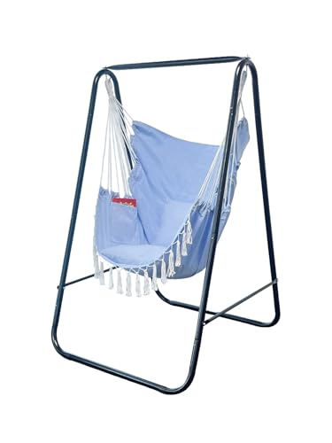 Hammock Chair with Stand,Heavy-Duty Hammock Stand with Large Indoor Swing,MAX Load 500 LBS,Hanging Chair with Stand for Indoor Outdoor,Swing Chair with 2 Cushions Included(Blue) - color: Blue