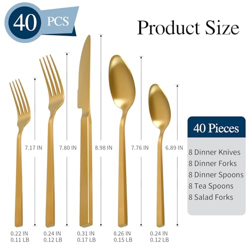 Gold Silverware Set 40-Piece 18/10 Stainless Steel Cutlery Matte Polished Cuboid Handle Flatware Sets Service for 8 - color: Matte Gold