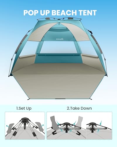OutdoorMaster Beach Tent Sun Shelter for 3-4 Person, Pop Up Beach Tent Easy Setup with Sandbags, Portable Sun Shade Canopy with Carrying Bag for Beach & Outdoor, UPF50+ UV Protection, Family Size - color: Cancun Seashore, size: X-Large