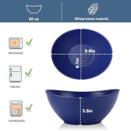 Wrova 65oz Large Salad Bowls Deep Blue - Wheat Straw Serving Bowls Set of 4 - Unbreakable Serving Bowls Dishware & Microwave Safe - BPA Free Bowl for kitchen,camping - color: Blue, size: 4 Pack