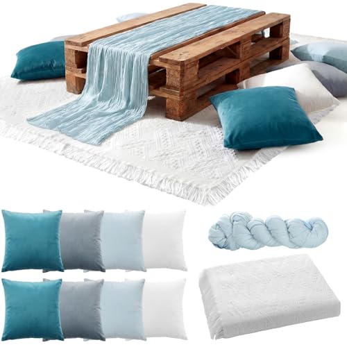 Moukeren 10 Pcs 71''x102'' Extra Large White Outdoor Boho Picnic Blanket with Table Runner 8 Blue Throw Pillow Cover Oversized Washable Portable Beach Blanket for Valentine Picnic Camp Lawn Wedding - color: Blue