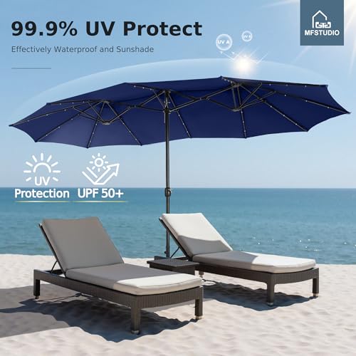 MFSTUDIO 15ft Double Sided Patio Umbrella with Solar Lights, Outdoor Large Umbrellas with Crank Handle and 36 LED Lights, Rectangular Market Umbrella with Base Included for Deck Pool Shade, Navy Blue - color: Navy Blue