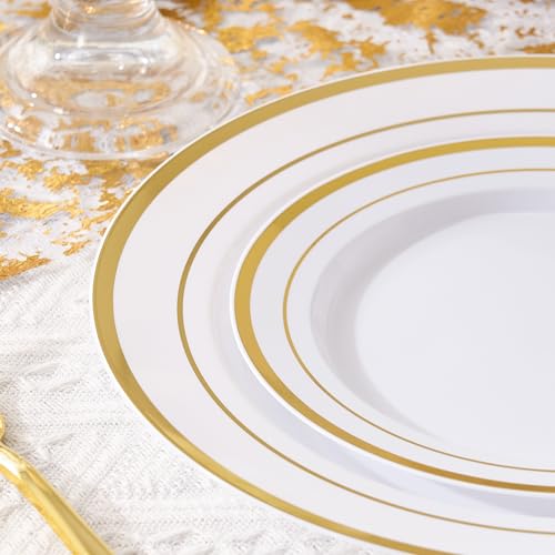 Fijinhom 200PCS Gold Plastic Plates, Disposable Plates with 100PCS 10" Dinner Plates & 100PCS 7" Dessert Plates for 100 Guests, Plastic Party Plates for Wedding, Birthday, Gold - color: Gold, size: 100 Guests-200pcs