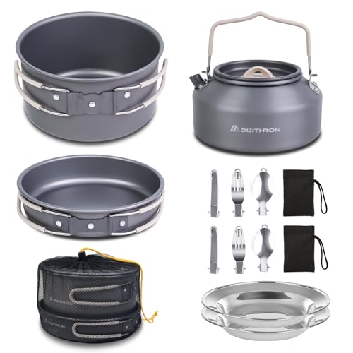 13-Piece Camping Cookware Set with Anti-Scald Silicone Handles, Lightweight Non-Stick Aluminum Pots and Pans, Compact Mess Kit for Backpacking & Survival