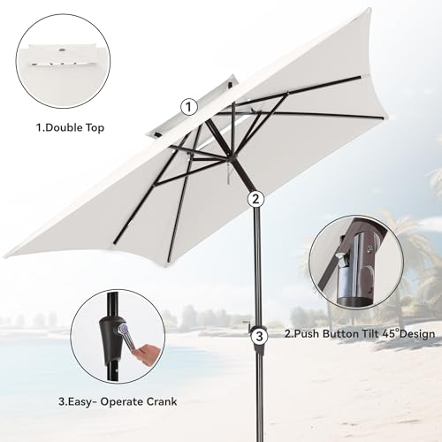 6.6 x 10 ft Rectangular Patio Umbrella, Outdoor Market Table Umbrella with Push Button Tilt and Crank, Double-Tier Vent, 6 Ribs, Rectangle Patio Umbrella for Backyard, Deck, Pool, Fits 4–6 Chairs and Tables (White) - color: White