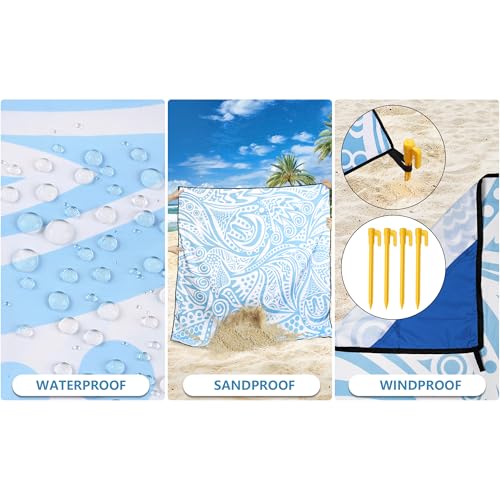 HIHOHO Beach Blanket Waterproof Sandproof Beach Mat 79”x 83” for 1-8 Adults Quick Drying Durable Outdoor Picnic Mat for Beach Festival Travel Camping Hiking (Flower Ripple-BL, 79"×83"(4 Person)) - color: Flower Ripple-bl, size: 6'11" x 6'7"