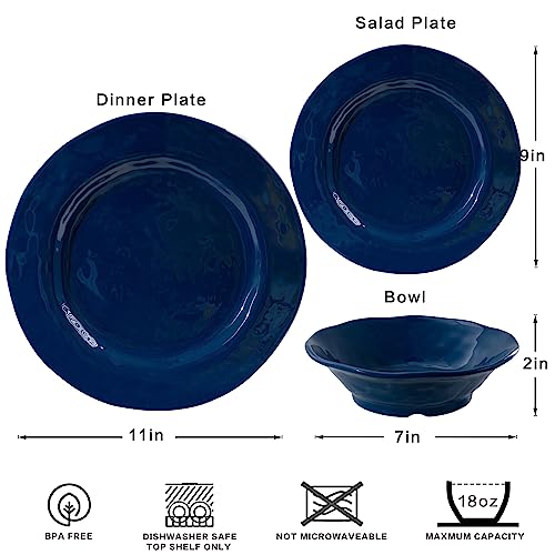 LEHAHA Blue 18-Piece Dinnerware Place Setting, Melamine Dishes for Indoor and Outdoor Dining, BPA Free, Reusable, Lightweight, Dishwasher Safe, Not Microwaveable - color: Cobalt Blue