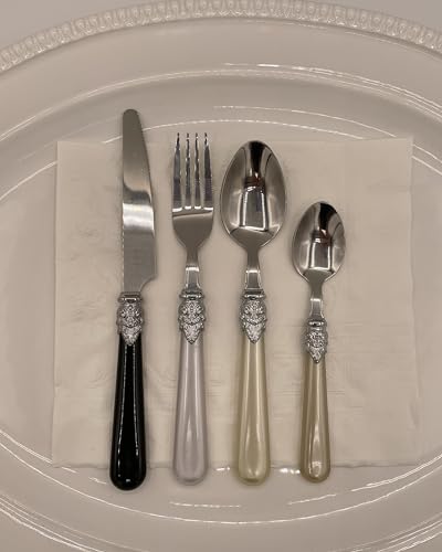 The Original Brink House Glam Mix & Match Stainless Steel Cutlery Set with Assorted Baroque Handles / 16 pieces with Metal Stand, Lifestyle utensils set for home, first apartment, dorm, dinner parties - color: Glam Assortment, size: Service for 4 (16 pcs)