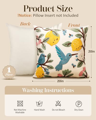 Embroidered Throw Pillow Cover 20x20 Inch - Spring Summer Boho Decorative Pillow Cover with Zipper for Living Room Couch Sofa Bed Aesthetic Design Bird Lemon Cushion Pillowcase - color: Bird Lemon, size: 20" x 20" (Pack of 1)